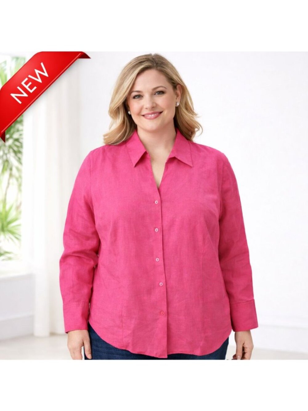 NEW Lane Bryant Womens Linen Blend Top Button Blouse Pink Long Sleeve Size 14/16